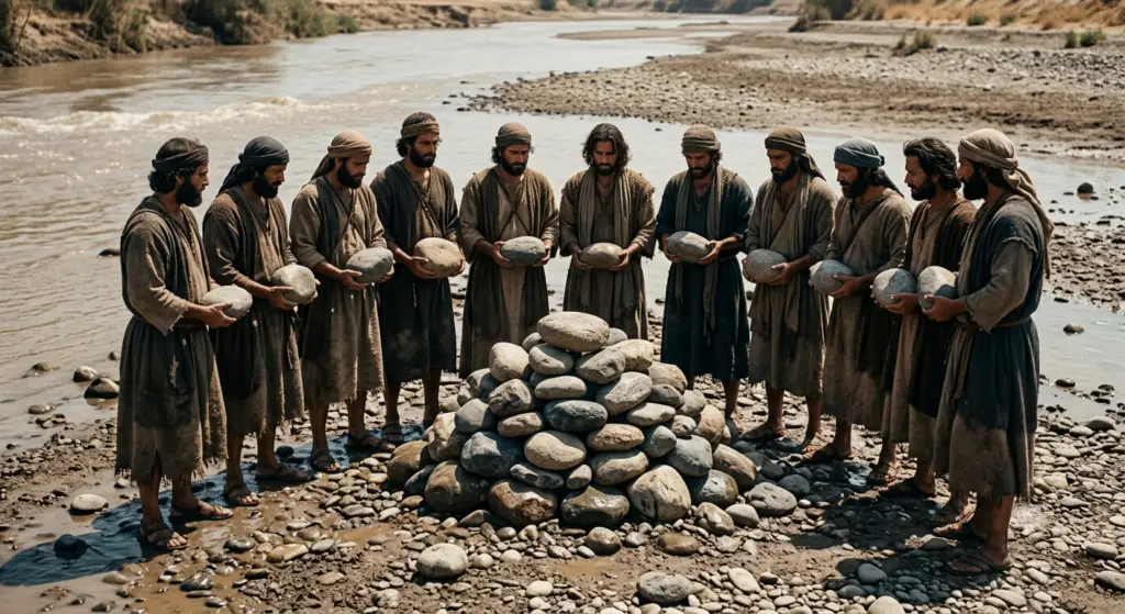 Twelve men holding stones from the dry Jordan River bed to build a biblical memorial at Gilgal based on Joshua 4.
