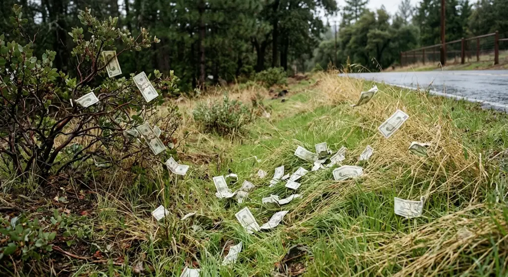 Loose cash bills scattered in tall ditch grass and caught in a manzanita bush alongside a wet rural road on Pine Hill Road.