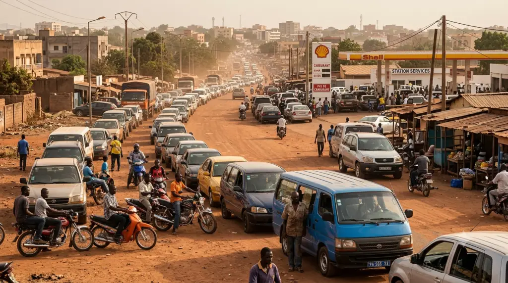 Long queue of cars and motorcycles waiting at a gas station on a dusty road in Bamako, Mali, due to fuel blockades.
