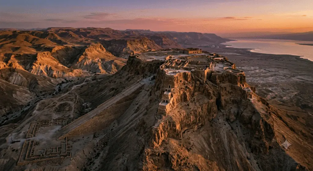 Panoramic view of Masada fortress at sunset, a historical site in Israel.