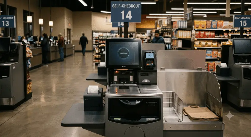 Empty modern self-checkout kiosk in a quiet grocery store with "START NOW" on screen.