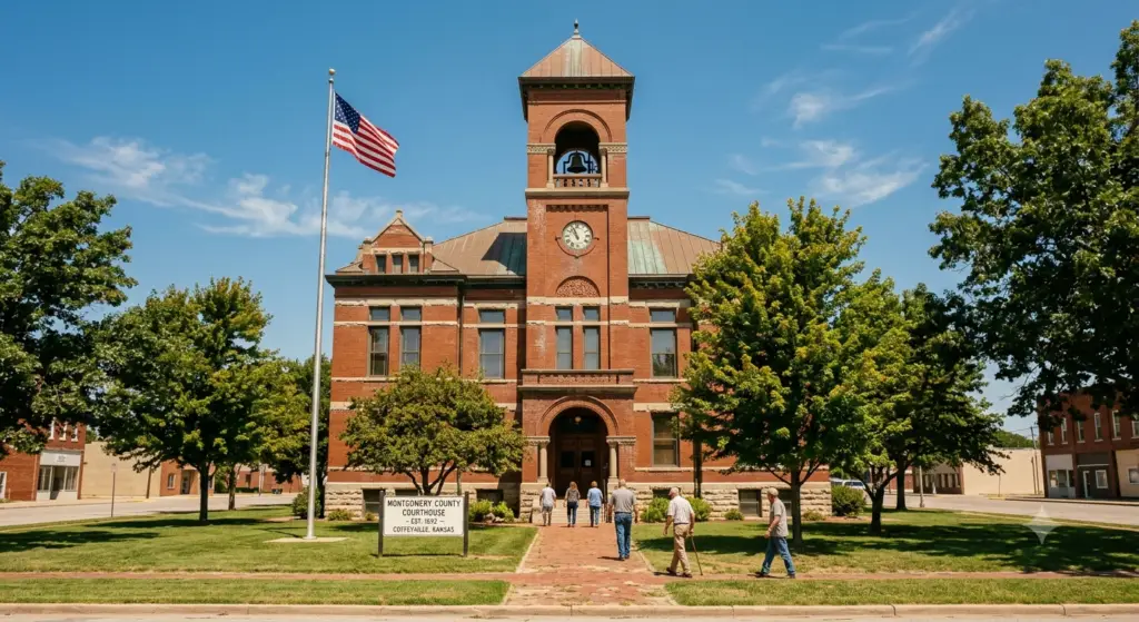 Exterior view of the historic Montgomery County Courthouse in Coffeyville, Kansas, where residents with unpaid medical bills arrive for debtor’s exams under risk of arrest.