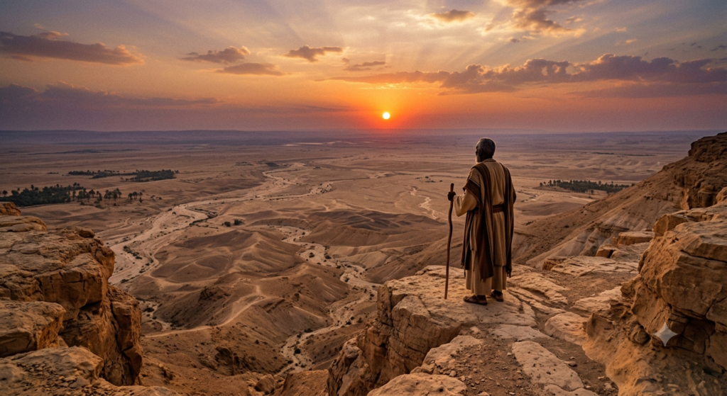 A lone elderly figure representing Moses standing on the cliff of Mount Nebo at sunset, looking out over the vast desert landscape toward the Promised Land.