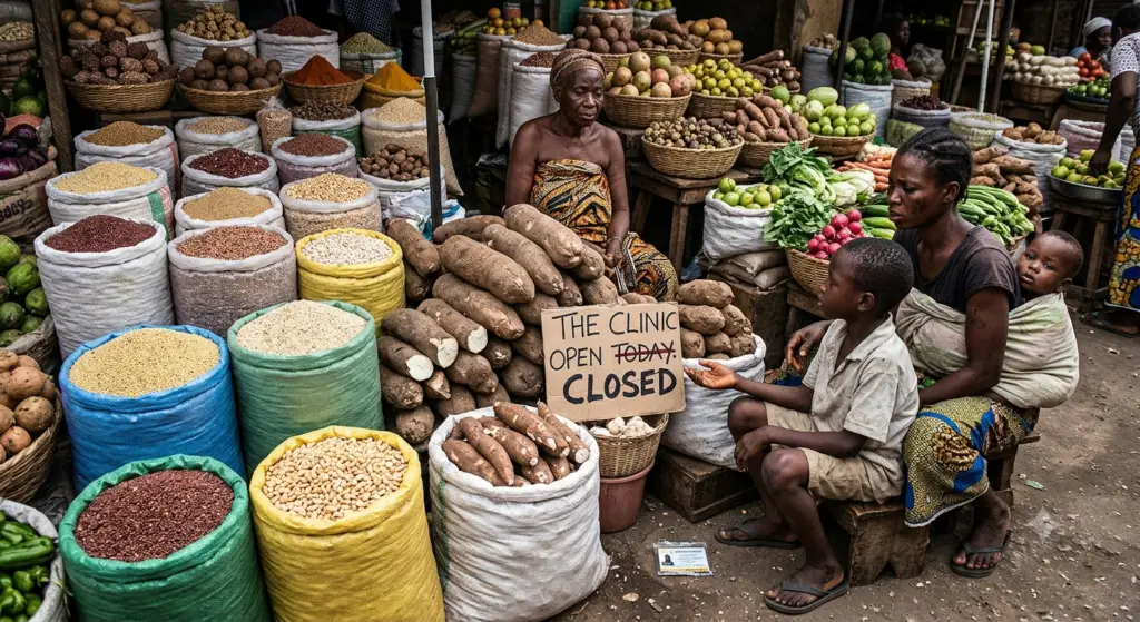 A child sitting in a bustling Nigerian food market overflowing with produce, looking toward a sign that reads "The Clinic Closed" representing hunger crises and funding cuts.