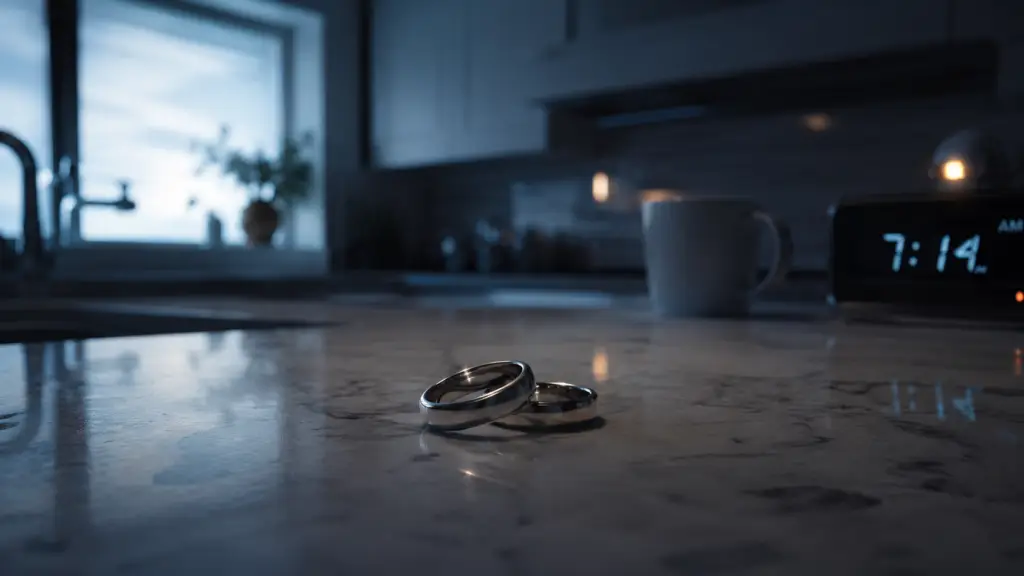 Two wedding rings left on a cold marble kitchen counter next to a digital clock showing 7:14 AM, symbolizing a quiet divorce.