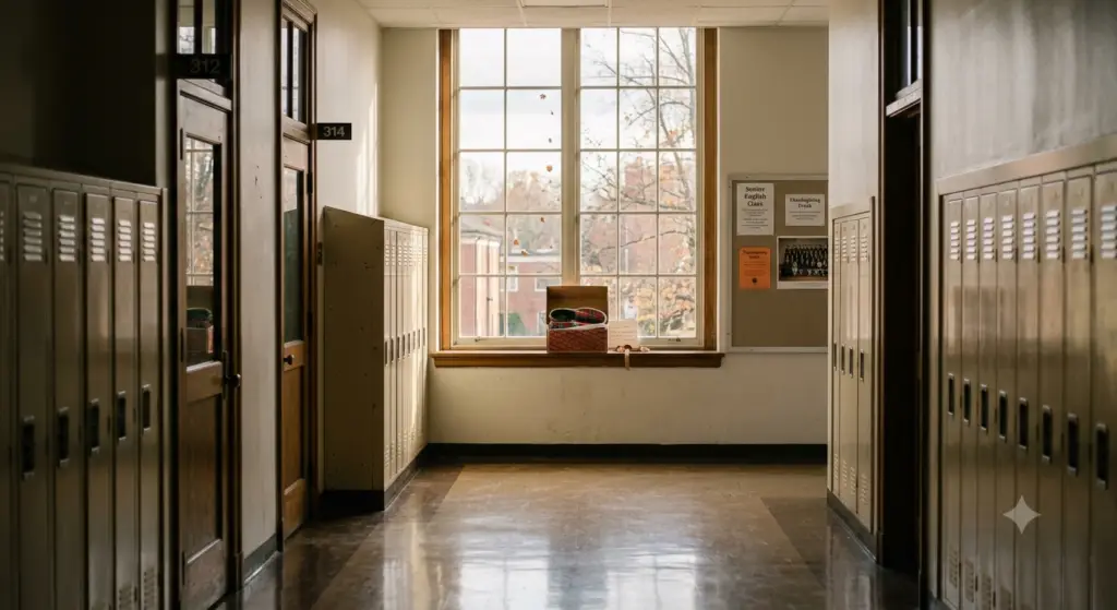 Sunlit quiet high school hallway with brown lockers and a pair of red plaid shoes in an open box resting on a wooden window sill.