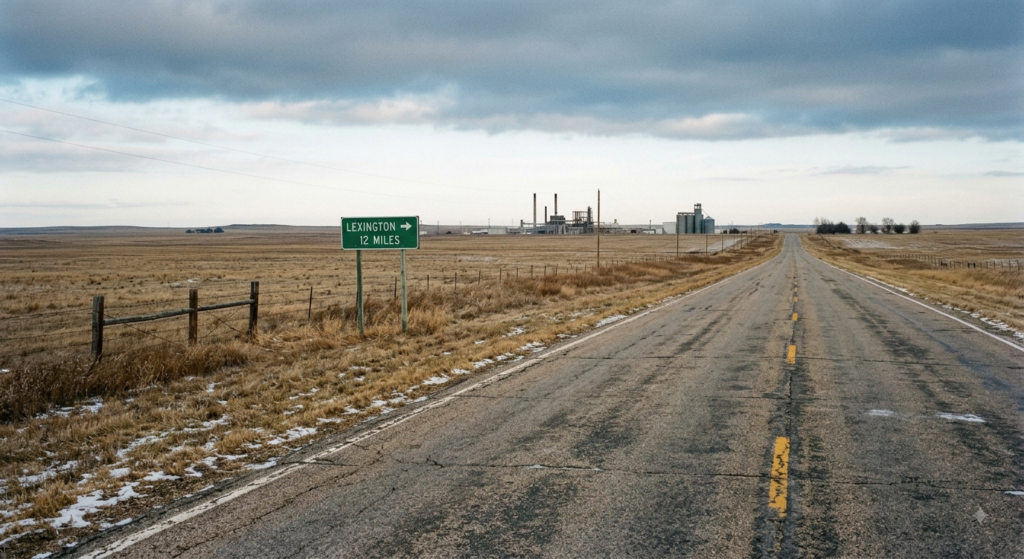 A lonely rural Nebraska highway stretching through vast winter plains toward a distant meatpacking plant near Lexington.