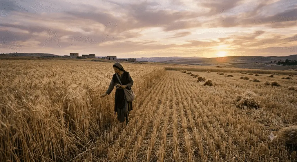 A solitary foreign woman gleaning grain at the unharvested edge of a golden barley field during harvest sunset, illustrating the Biblical story of Ruth and structural justice.