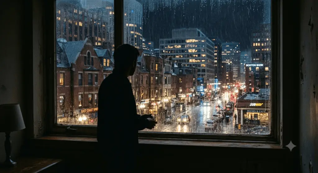 Silhouette of a man standing alone by a window looking out at a rain-streaked city street at night, symbolizing reflection and certainty versus doubt