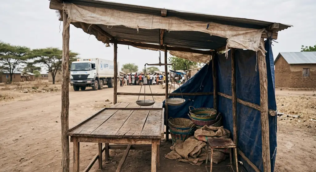 An empty wooden food stall with a hanging scale in a dusty South Sudanese market, with a blurry UN World Food Programme (WFP) aid truck in the background, illustrating the theme of food access vs. supply.