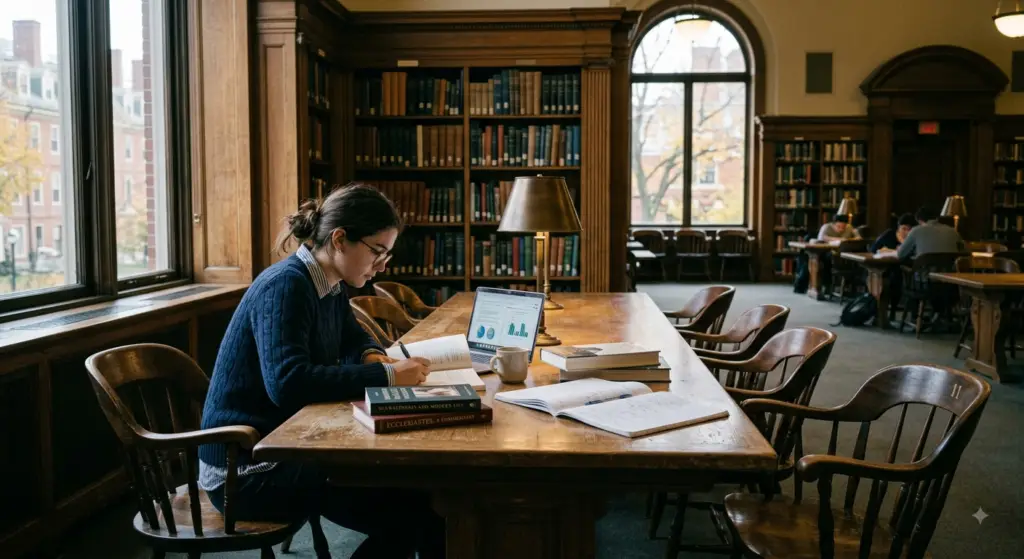 A university student studying alone at a wooden table in a classic university library surrounded by bookshelves and large windows.