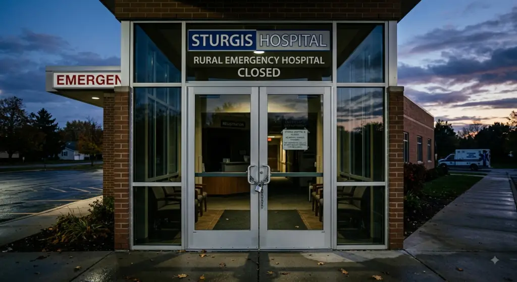 Locked glass entrance of Sturgis Hospital at dusk with a chain lock and closed sign representing rural healthcare closures