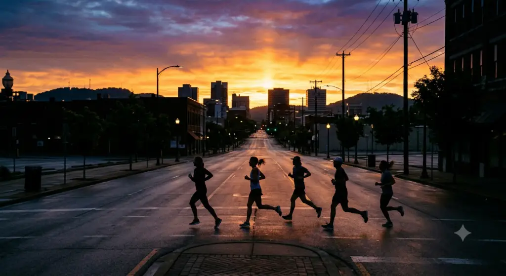 Silhouettes of runners crossing an empty city street during a golden sunrise in Chattanooga.