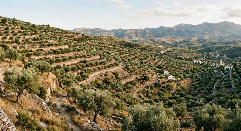 Terraced hillsides covered in ancient olive groves in a Mediterranean landscape