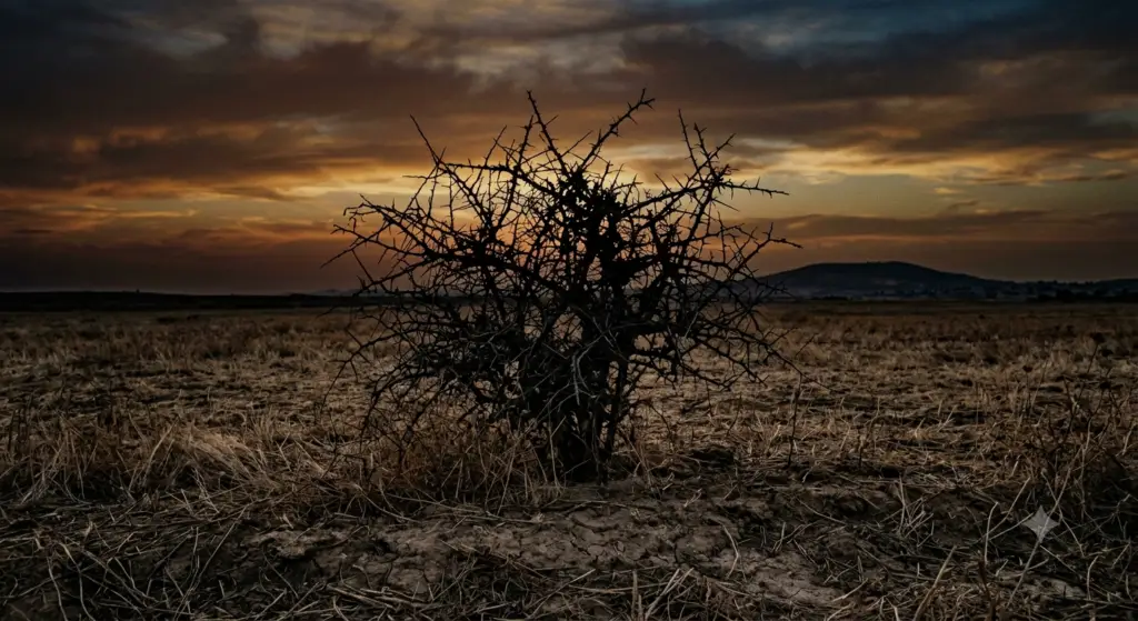 Silhouette of a thorn bush in a dry field at sunset, illustrating the fable of Abimelech and the bramble in Judges 9