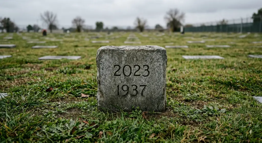 A photo of a single weathered grave marker in a large field for unclaimed persons, engraved only with '2023' and '1937' (representing the year and the count of anonymous remains).