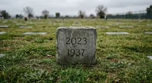 A photo of a single weathered grave marker in a large field for unclaimed persons, engraved only with '2023' and '1937' (representing the year and the count of anonymous remains).