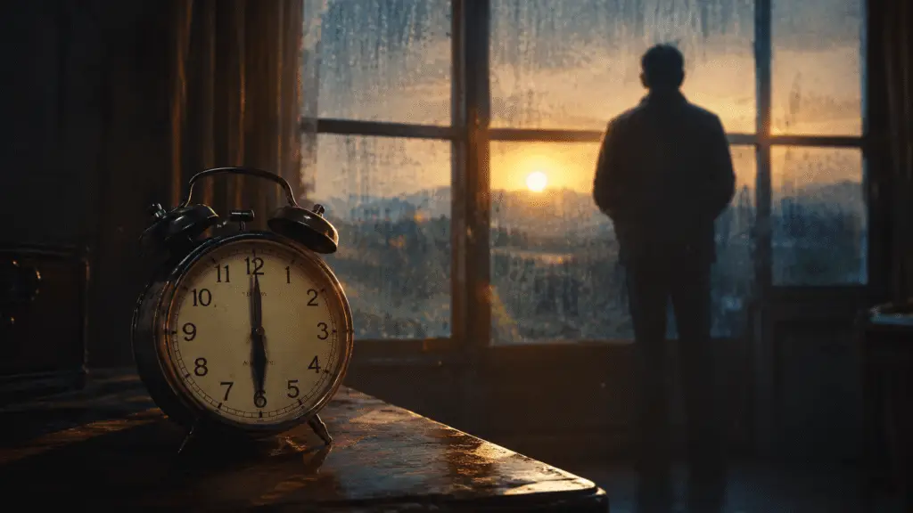 Vintage alarm clock at 6 AM on a wooden desk with a man's silhouette looking out a rain-streaked window at sunrise