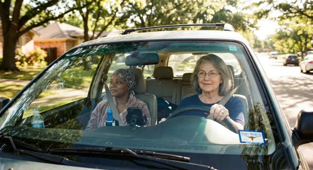 Lyn Story driving Apryl Goodwin, a uterine cancer patient wearing a head covering, to her medical appointment in Fort Worth. Warm sunlight fills the car through the windshield on a sunny Tuesday morning, symbolizing neighborly help and volunteer driving.