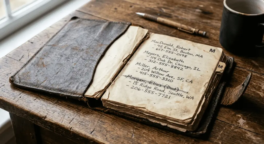 A weathered vintage leather address book lies open on an aged wooden table alongside a pencil and a coffee mug, revealing handwritten names and phone numbers that reflect themes of memory and family estrangement.