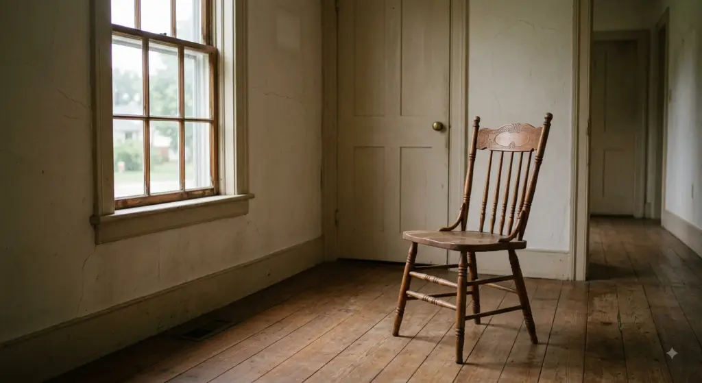 Infographic with text 'WHAT A BODY WAS NOT BUILT TO CARRY ALONE', featuring an empty antique wooden chair in a rustic room. Key data includes: Social Isolation = 26% Higher Frailty Hazard (with isolation icon), Loneliness = 25% Higher Mortality Hazard (with loneliness icon). Additional text: A Study Across 31 Countries & 80,050 Adults, and Source: Miao et al., 2026, Age and Ageing.