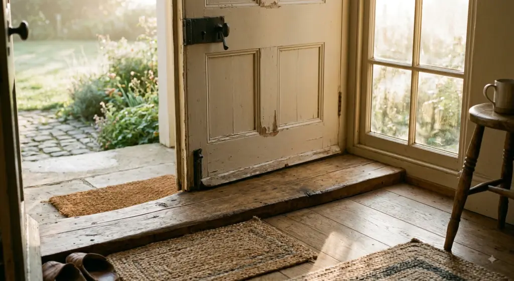 An open vintage wooden door with morning sunlight streaming across the weathered threshold, soft focus garden view outside.