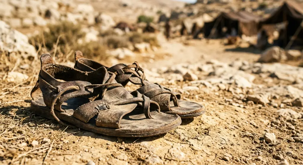Worn-out dusty leather sandals placed on arid desert ground, representing the Gibeonite deception metaphor from Joshua 9.