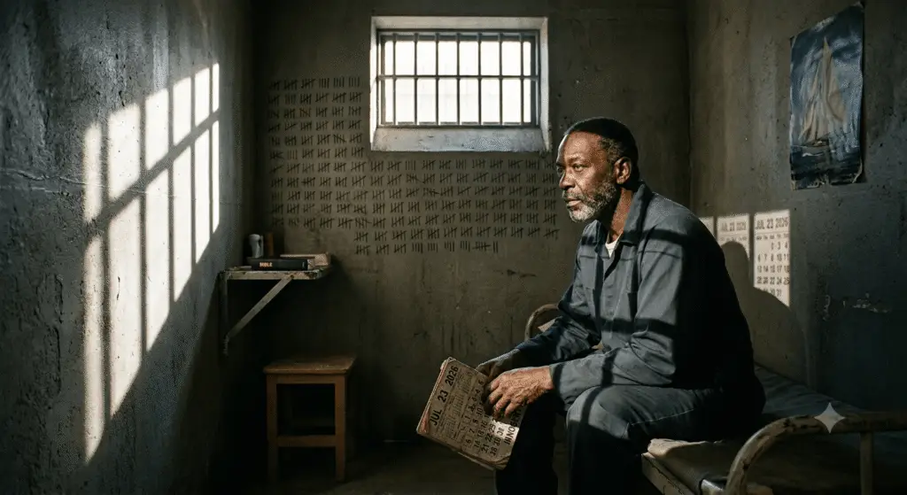 A thoughtful African-American prisoner sitting on a cell cot, holding a Bible and calendar, with years of tally marks and a barred window shadow on the concrete wall, symbolizing enduring hope and the cost of wrongful conviction.