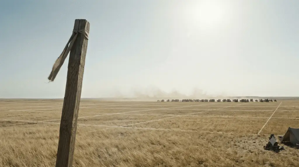 Low angle view of a wooden survey stake with a land survey grid etched across the Oklahoma prairie before the 1889 land run.