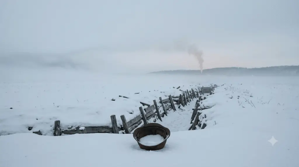 An abandoned wooden trench line cutting diagonally across a vast snow-covered field at dawn with a rusty soldier's helmet upturned in the foreground.