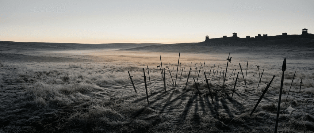 Pale vast valley at dawn with ancient swords and spears stuck into ground, empty dark ridgeline silhouette in background