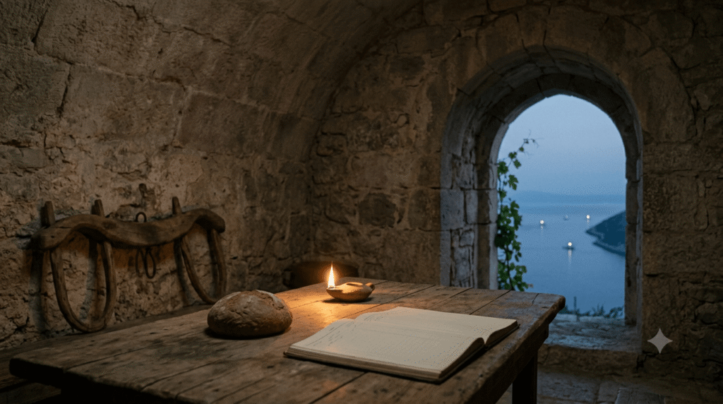 Contemplative Still Life in Ancient Chamber Overlooking Strait at Dawn