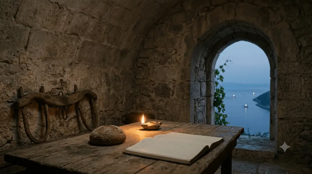 Contemplative Still Life in Ancient Chamber Overlooking Strait at Dawn