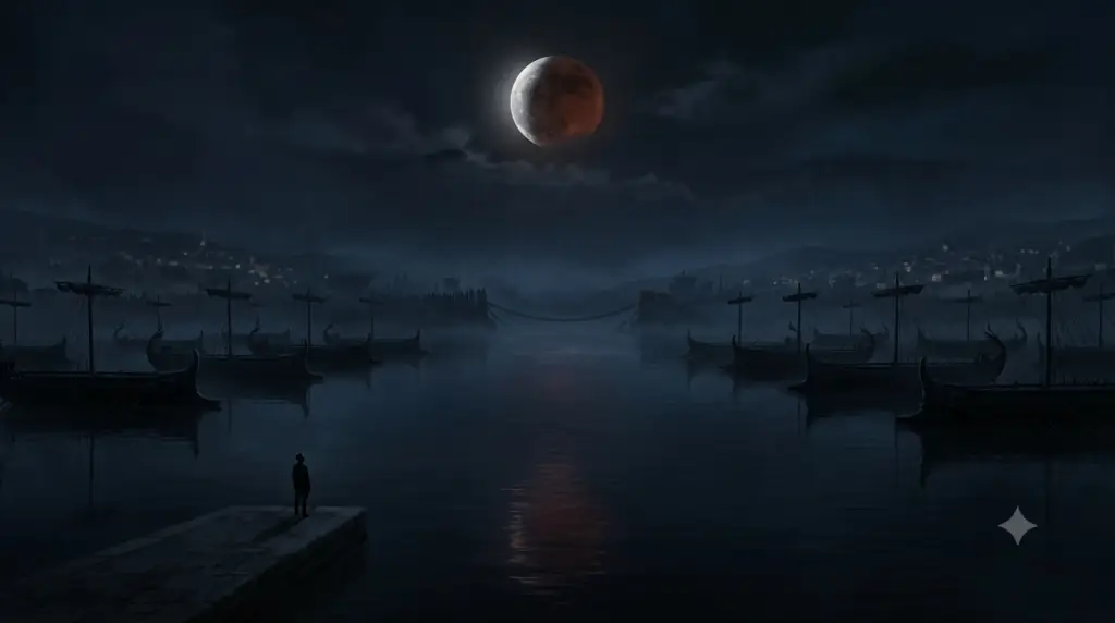 Ancient harbor with motionless wooden galleys under a red blood moon eclipse in a dark cinematic night landscape