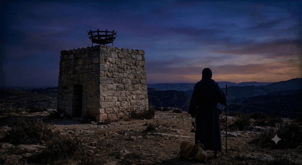 A man in an ancient robe stands on a dark hill overlooking a valley at twilight, watching an unlit stone beacon tower with an empty brazier.