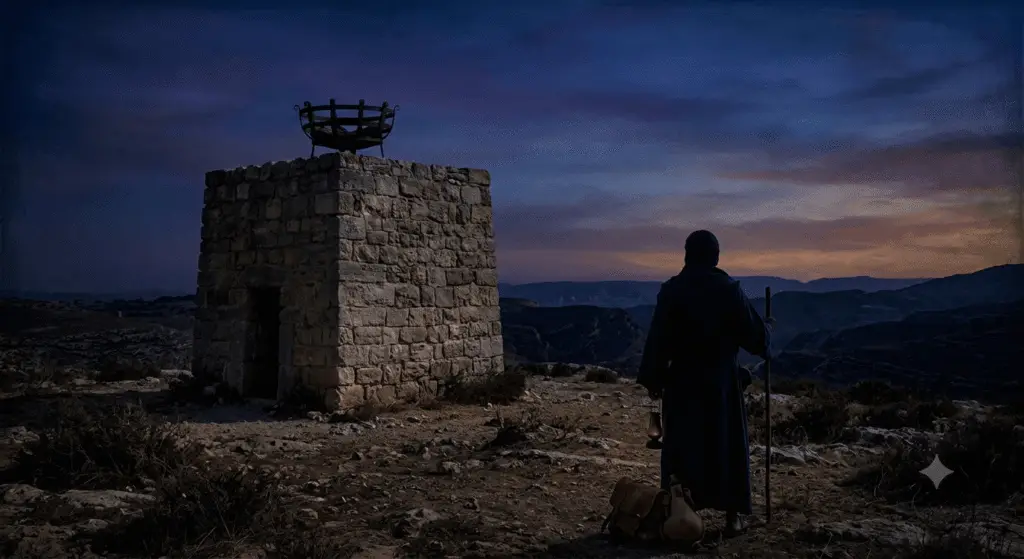 A man in an ancient robe stands on a dark hill overlooking a valley at twilight, watching an unlit stone beacon tower with an empty brazier.