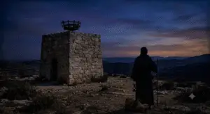 A man in an ancient robe stands on a dark hill overlooking a valley at twilight, watching an unlit stone beacon tower with an empty brazier.