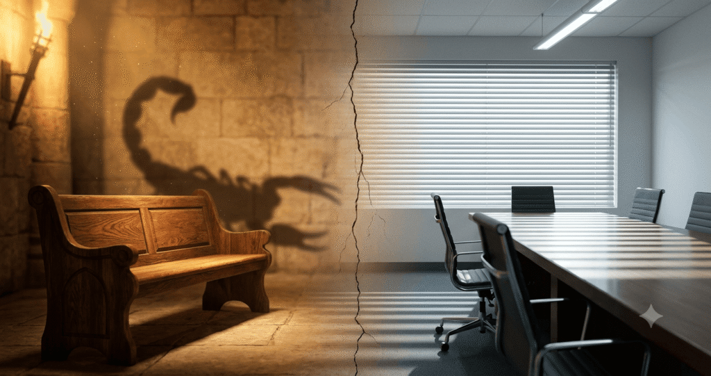 A conceptual split-screen image showing an ancient stone chamber with a scorpion shadow and empty bench on the left, and a modern office boardroom with blinds and a turned chair on the right, separated by a time-spanning crack, illustrating decision-making across history.