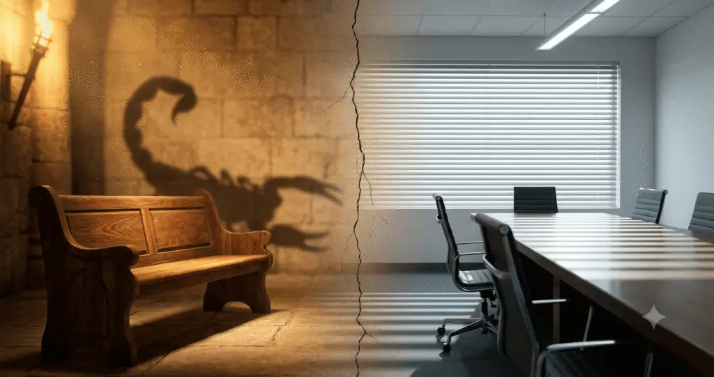 A conceptual split-screen image showing an ancient stone chamber with a scorpion shadow and empty bench on the left, and a modern office boardroom with blinds and a turned chair on the right, separated by a time-spanning crack, illustrating decision-making across history.