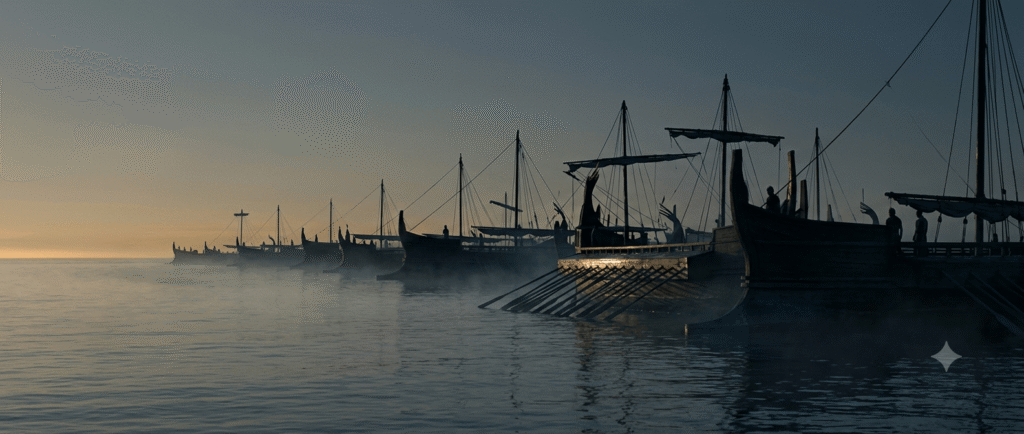 Silhouette of ancient Roman wooden warships with raised oars at anchor on a calm Mediterranean Sea during low golden-grey pre-dawn light with faint mist, illustrating a moment of anticipation before battle.