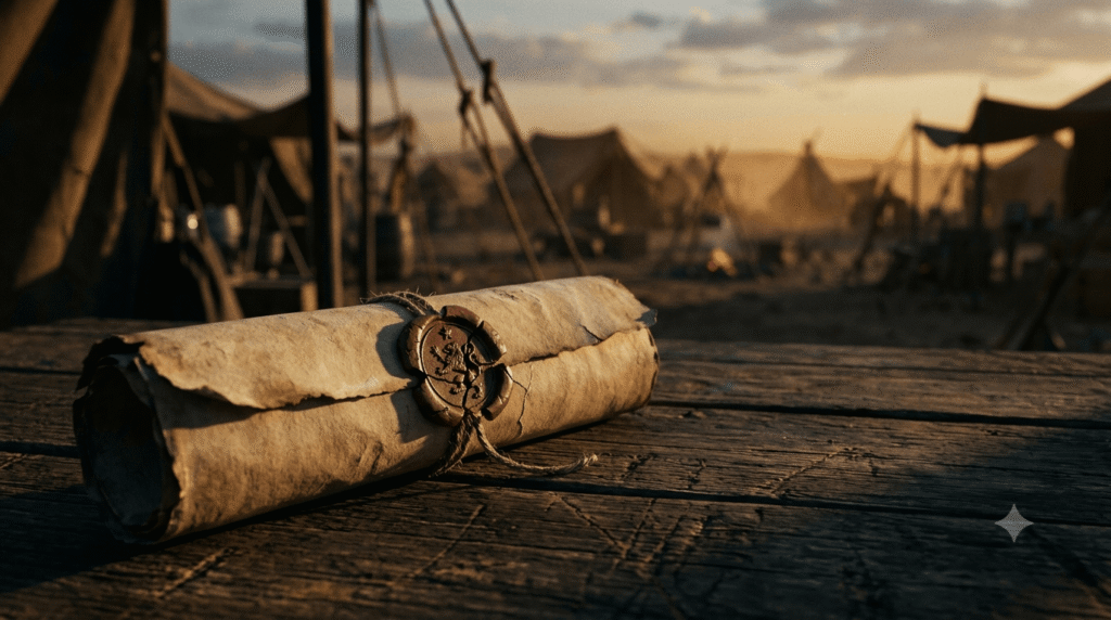 Ancient rolled parchment scroll with a red wax seal featuring a lion emblem, sitting on a weathered wooden table in a desert military camp at sunset.