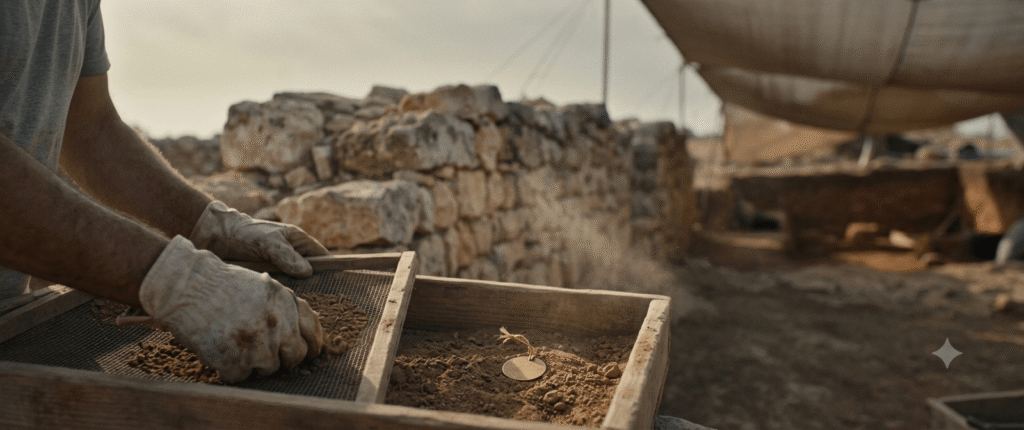 Close-up of gloved hands sifting soil through a mesh screen at an archaeological dig site, revealing a small brass tag, with an ancient stone wall and excavation trenches in the blurred background.