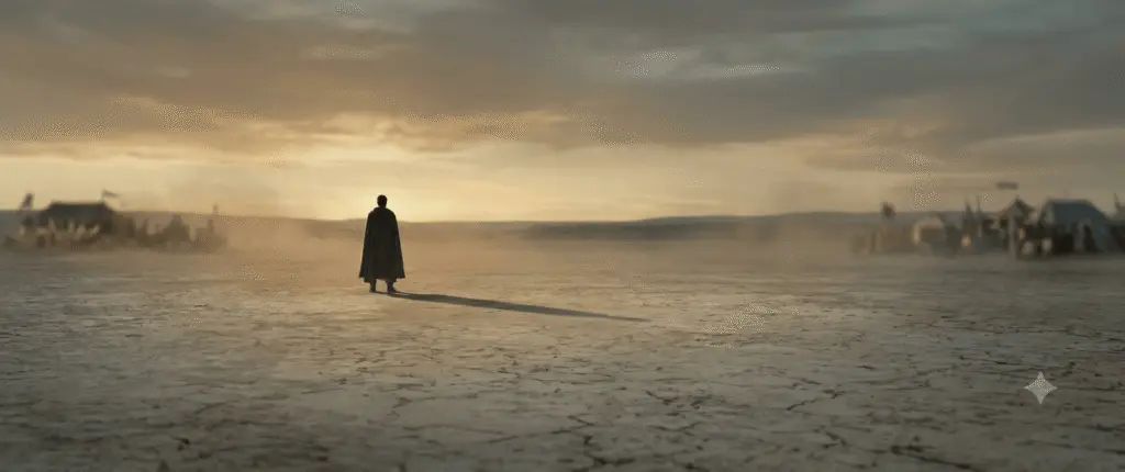 A lone general in a dark cloak walking across a dry golden hour plain in North Africa, with distant out-of-focus encampments.