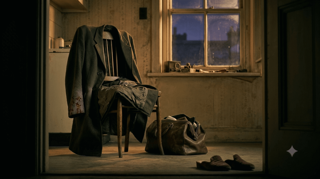 A 1930s room scene featuring a man's coat with bloodstains on a chair, a half-packed suitcase, and slippers on the floor, symbolizing unspoken truth in marriage.