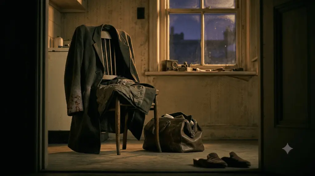 A 1930s room scene featuring a man's coat with bloodstains on a chair, a half-packed suitcase, and slippers on the floor, symbolizing unspoken truth in marriage.
