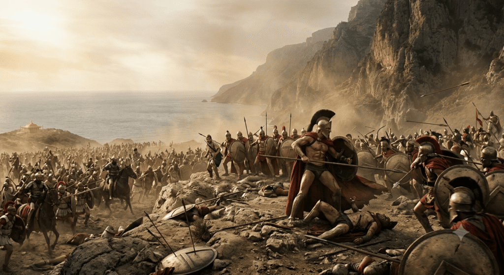 Cinematic depiction of the Battle of Thermopylae with King Leonidas and Spartan hoplites making a last stand against the Persian army. A narrow coastal pass with mountains and sea is visible in the background under a warm, dusty sky.