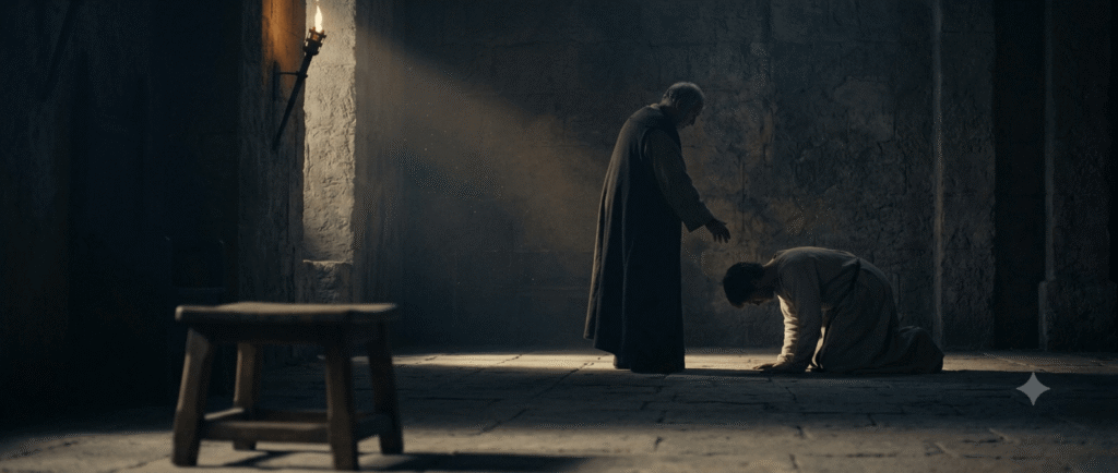 Silhouetted older king standing over a kneeling young man in a dark ancient stone throne hall lit by a single torchbeam.