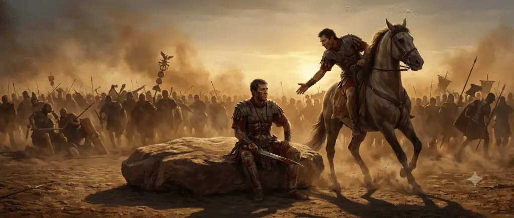 A cinematic, painterly photograph from the Battle of Cannae depicting a wounded Roman consul sitting on a boulder, gazing forward, while a cavalry officer on a dust-colored horse reins in beside him to offer his mount in mid-plea.