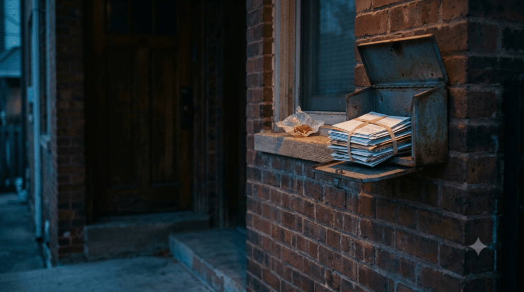 Close-up shot of an open vintage metal mailbox on a weathered brick wall in Chicago, filled with a thick stack of unclaimed mail bound by a rubber band, next to a piece of old, melting candy on the windowsill at dawn. The blurred wooden front door in the background creates a melancholic atmosphere.