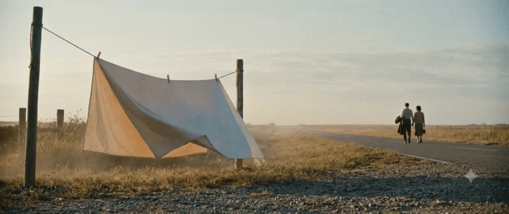 A cinematic, wide-angle 1930s-style film still capturing a quiet American rural roadside at first light. A plain cotton bedsheet is softly falling and sagging from a weathered clothesline in the foreground, catching the warm, hazy sunlight. Distant, anonymous couple in period clothing walks away from the camera down a long, straight asphalt road under a wide, cloud-streaked sky.